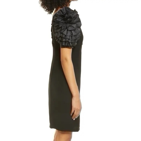 Shani Dramatic Rosette Sleeve Crepe Sheath Cocktail Dress Black - Picture 5 of 12